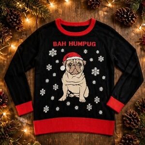 Whimsical M Holiday Sweater Bah Humpug Pug Dog Black Red Christmas Womens Medium